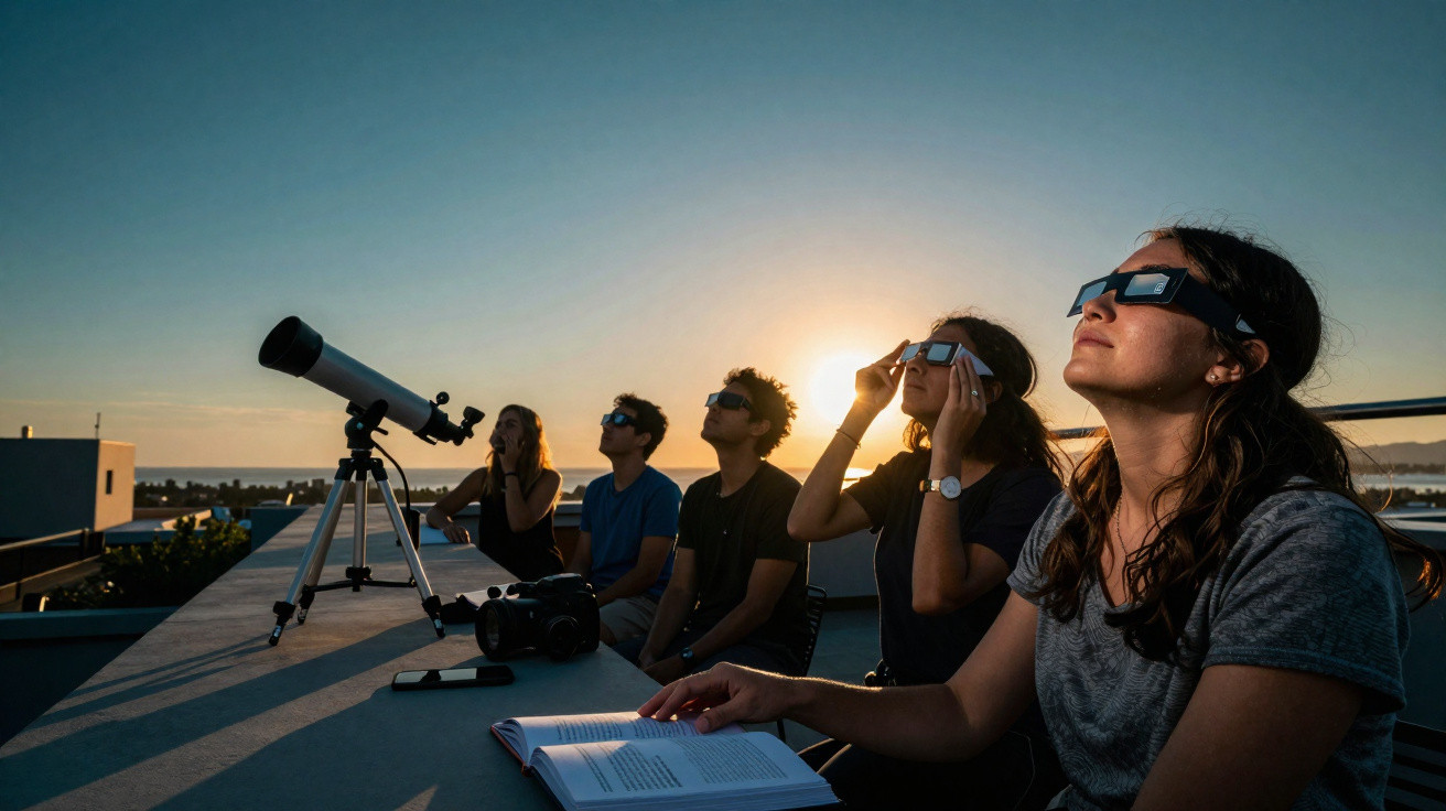 Grupo de jovens numa cobertura a observar o céu com óculos solares e telescópio ao pôr do sol.