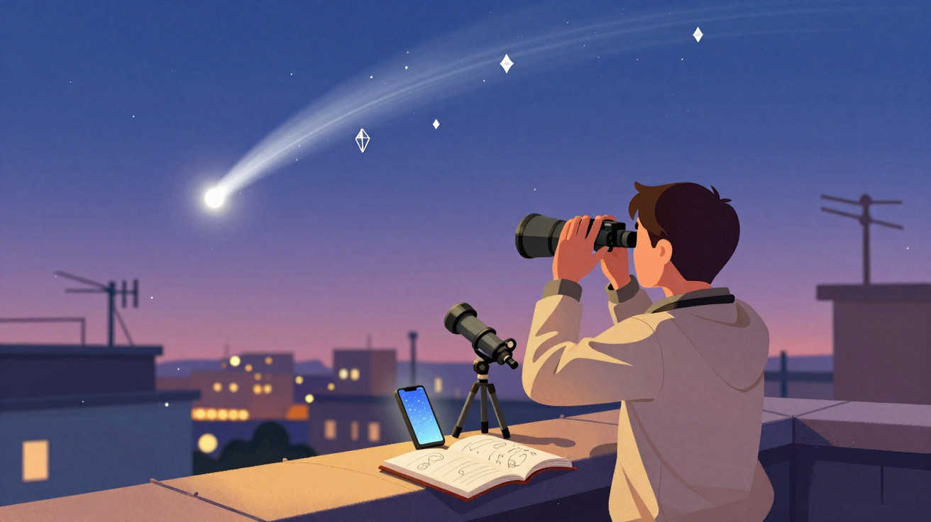 Jovem observa com binóculos um cometa no céu noturno, com telescópio, livro e smartphone na varanda.