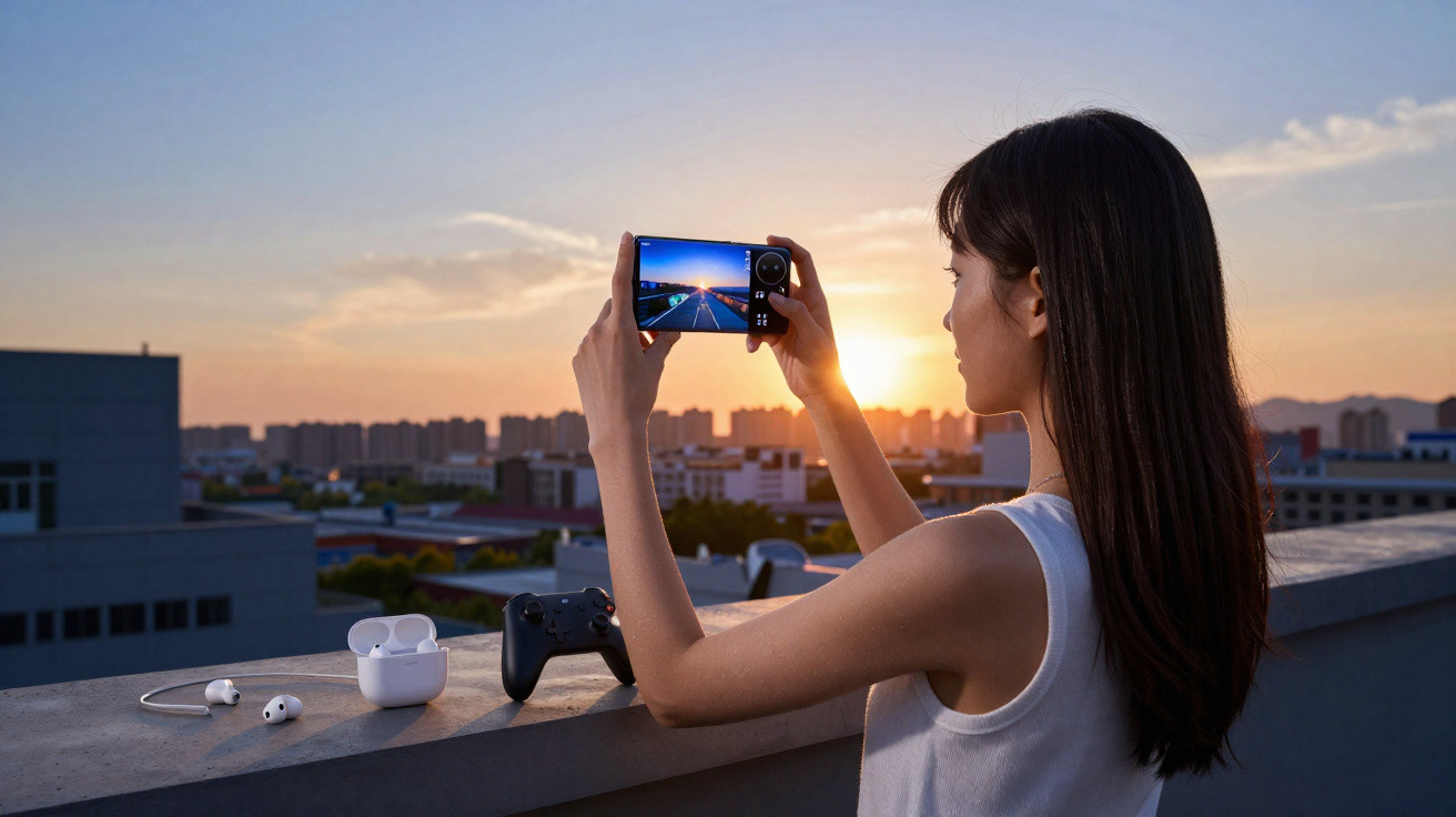 Mulher tira foto do pôr do sol com smartphone num terraço, com auscultadores e comando ao lado.