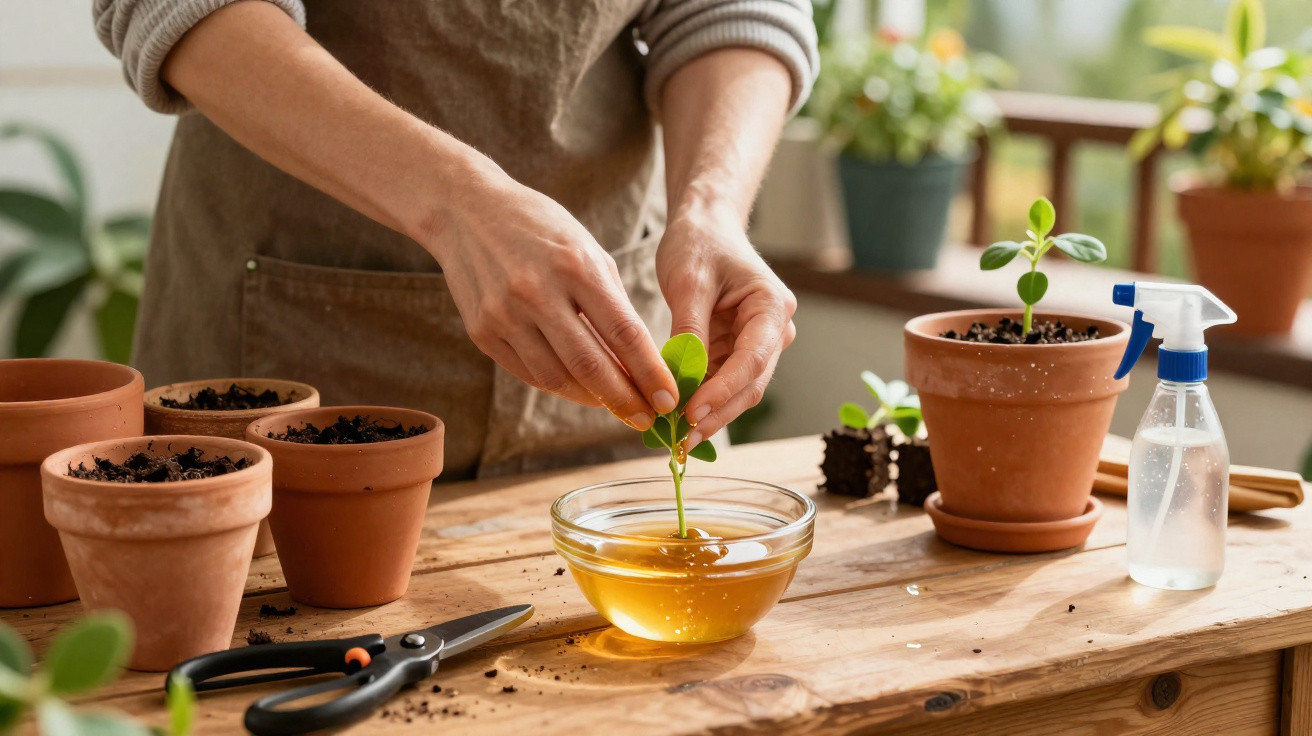 Pessoa a cuidar de planta jovem numa mesa com vasos e ferramentas de jardinagem.