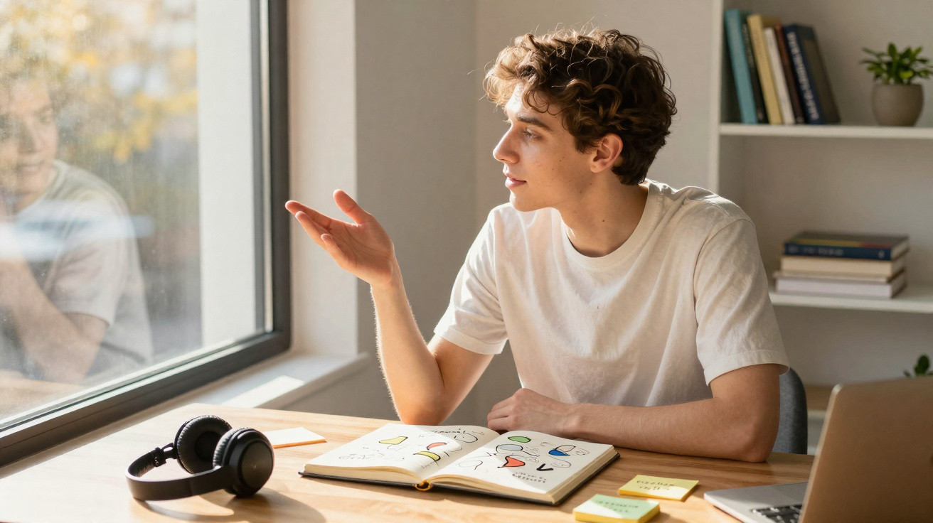 Jovem sentado à mesa com caderno aberto, apontando para a janela enquanto reflecte.