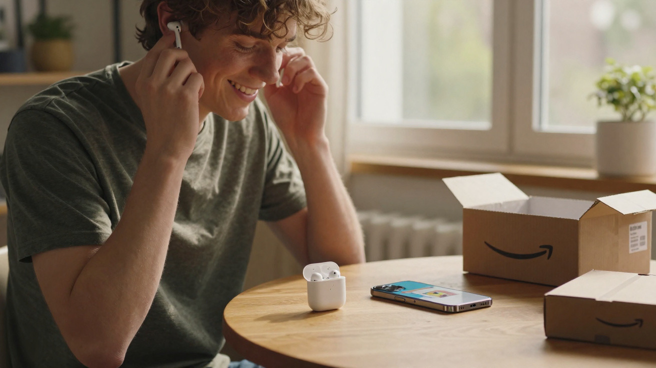 Jovem sorridente a colocar auscultadores sem fios, com smartphone e caixas de entrega na mesa.