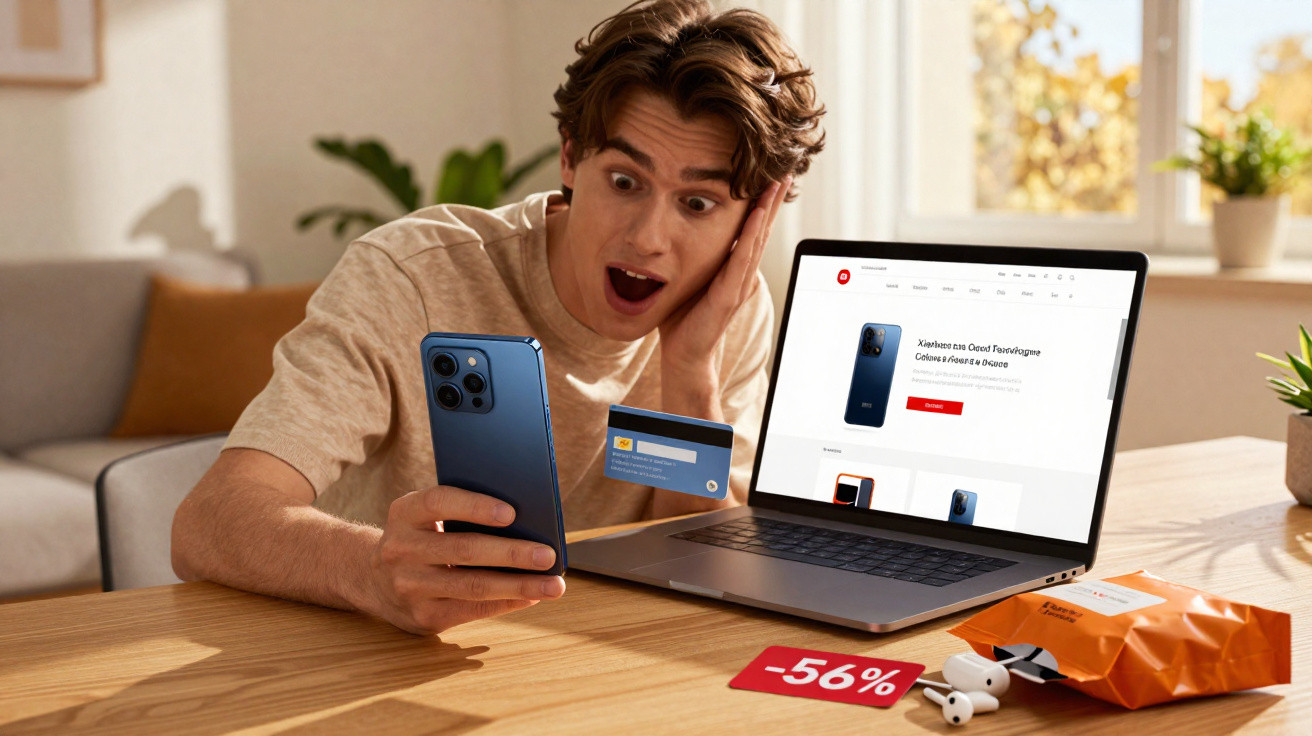 Jovem surpreendido a comprar um smartphone online com cartão de crédito e desconto de 56% na loja virtual.
