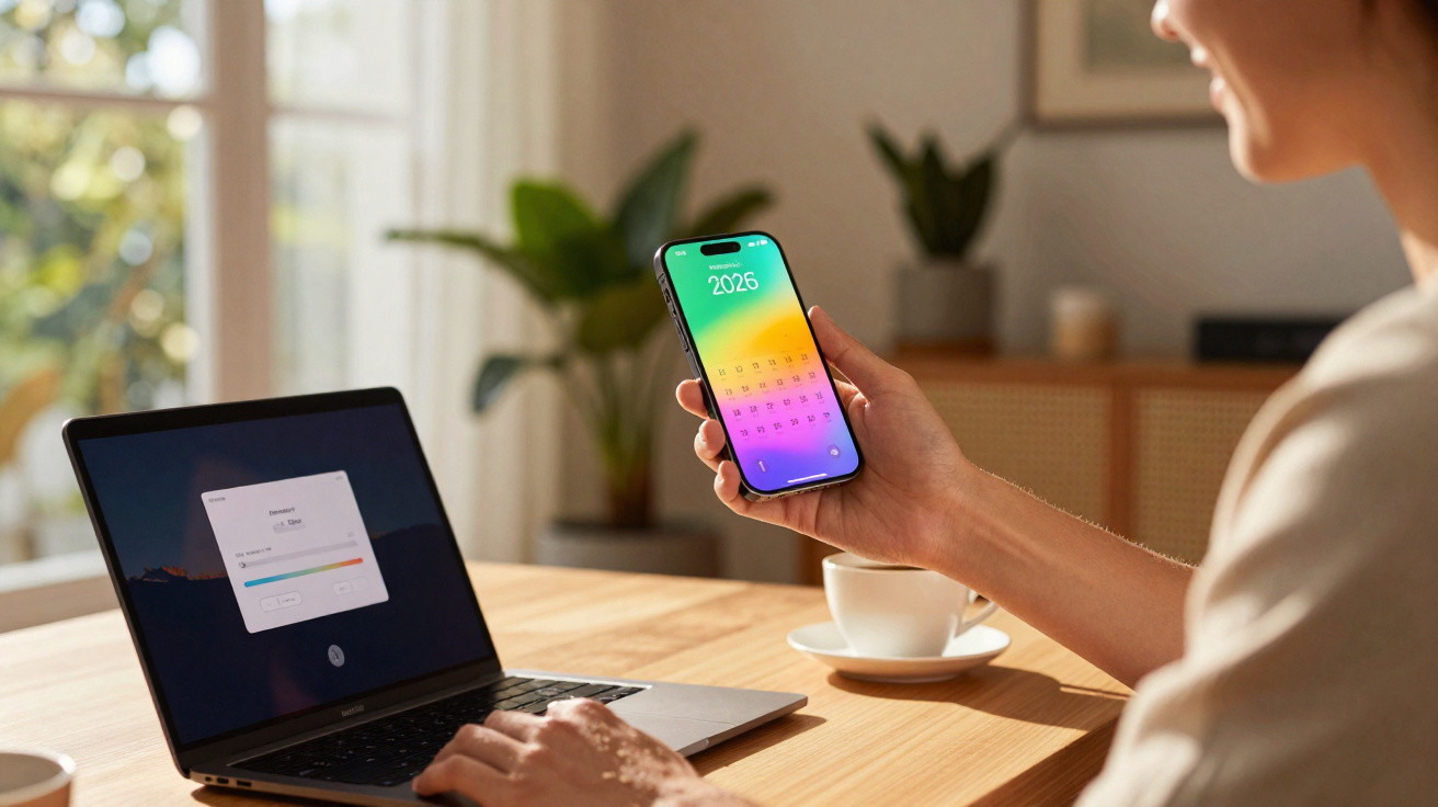 Pessoa a usar um smartphone com calendário de 2026 e um portátil numa mesa com uma chávena de café.