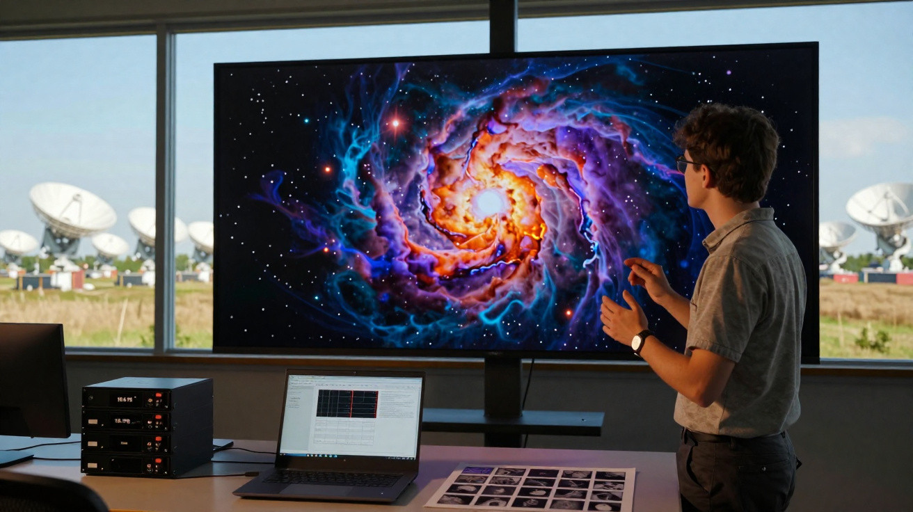 Pessoa em laboratório a analisar imagem colorida de uma galáxia espiral numa grande tela.
