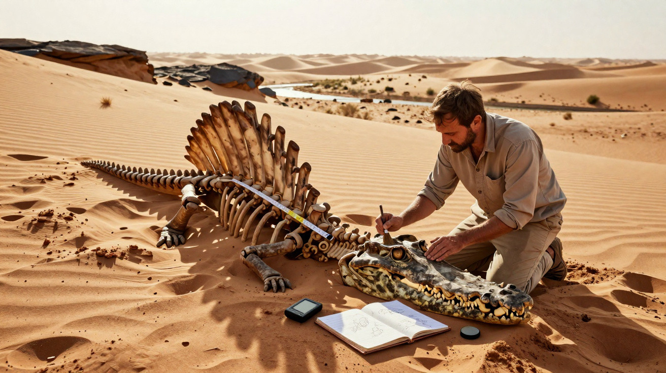 Homem a estudar e medir esqueleto de réptil gigante numa paisagem desértica com dunas de areia.