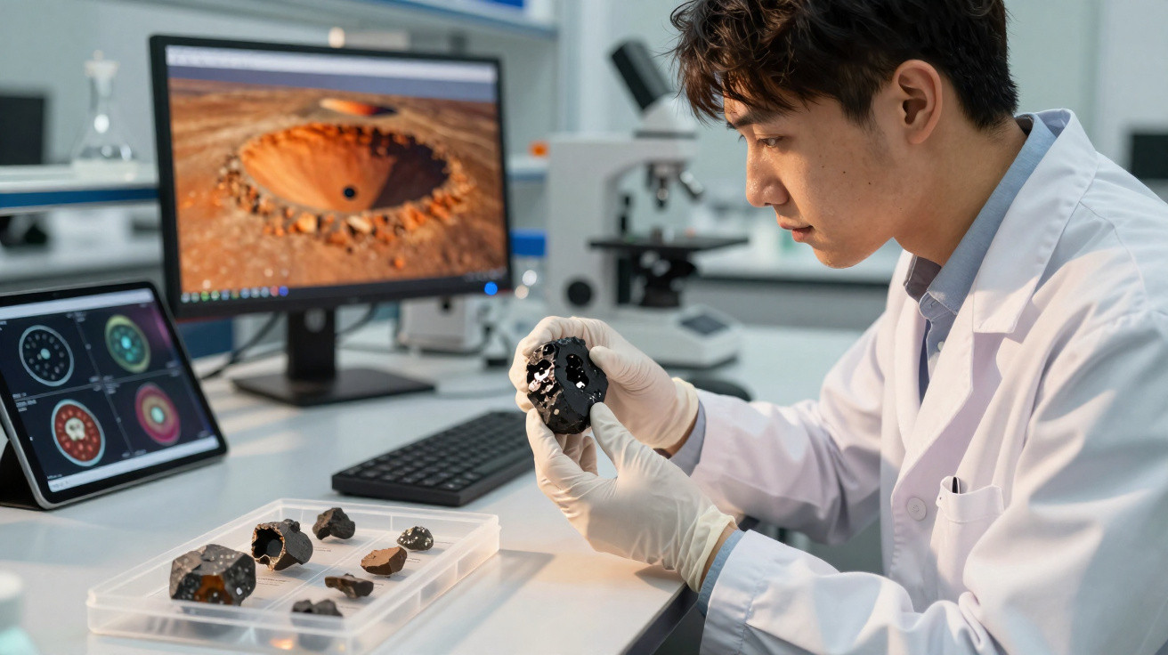 Cientista analisa meteorito preto em laboratório com imagens de cratera marciana nos ecrãs ao fundo.