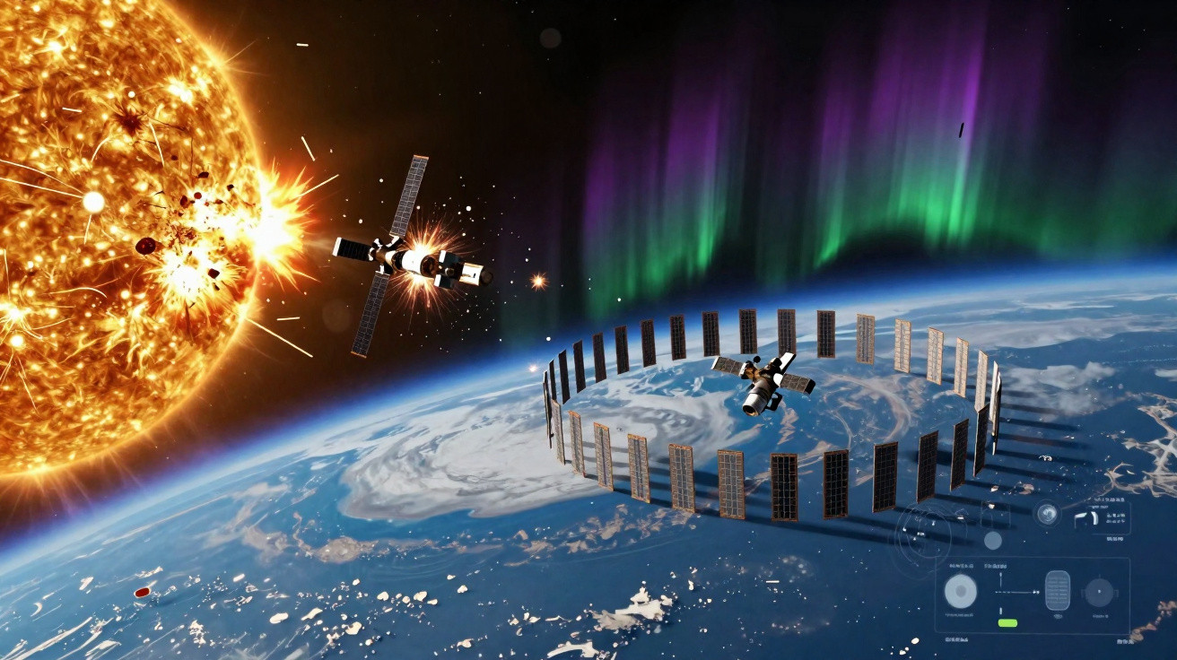 Satélite perto do Sol em explosão e estação espacial com painéis solares em órbita da Terra sob aurora boreal.