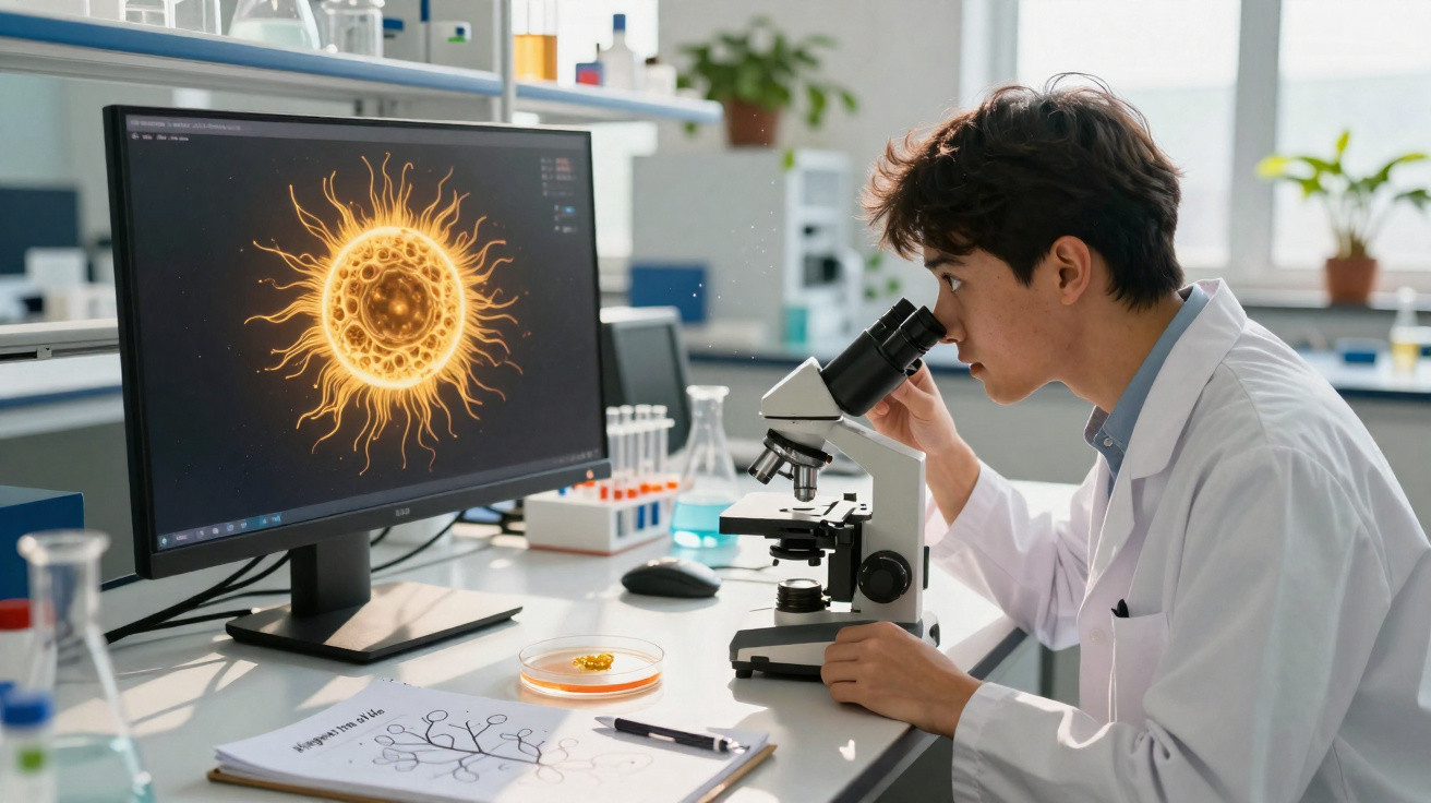 Cientista observa uma amostra ao microscópio, com imagem digital de vírus luminiscente no monitor do laboratório.
