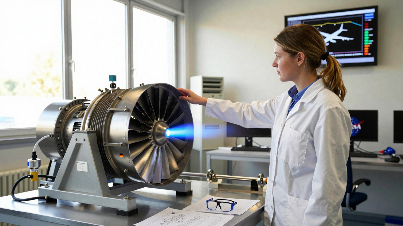 Engenheira em bata branca analisa turbina de jato em laboratório com equipamento de teste e gráficos no fundo.