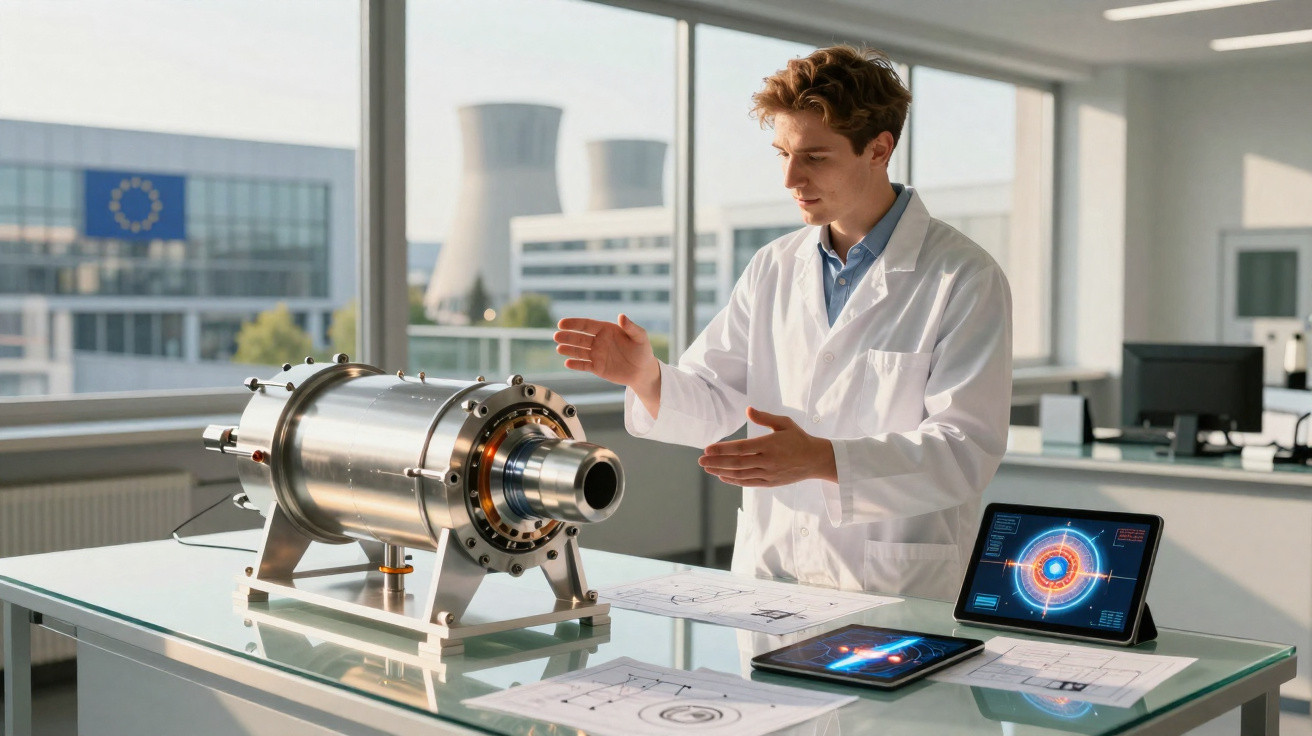 Cientista em laboratório com equipamento tecnológico e gráficos digitais em ambiente moderno e luminoso.
