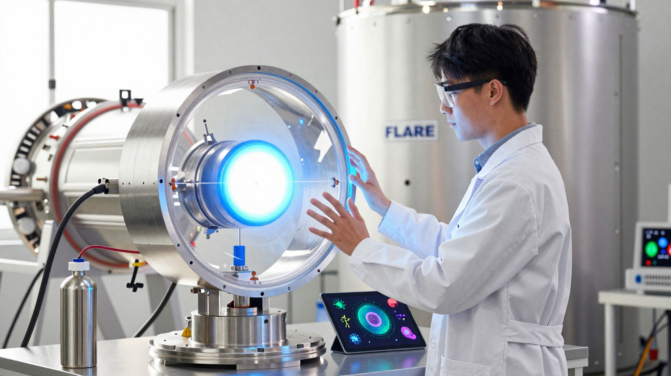 Cientista de bata branca manipula dispositivo futurista com luz azul numa laboratório de alta tecnologia.