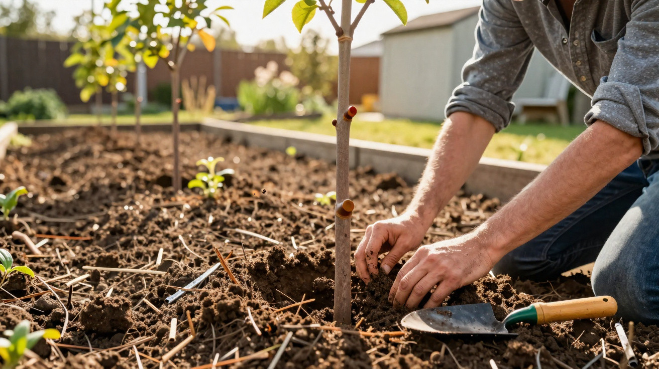 Pessoa a plantar uma árvore jovem num jardim com terra solta e ferramentas de jardinagem.