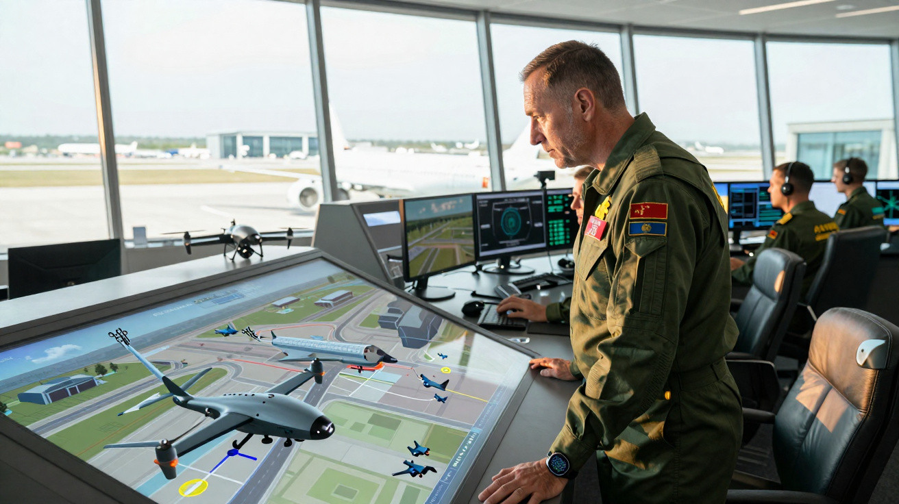 Homem em uniforme militar numa torre de controlo a monitorizar voo de drones num ecrã digital.