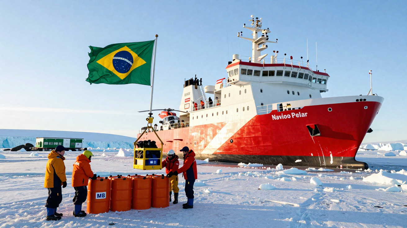 Navio de pesquisa brasileiro Navioo Pelar em gelo com quatro pessoas e bandeira do Brasil.