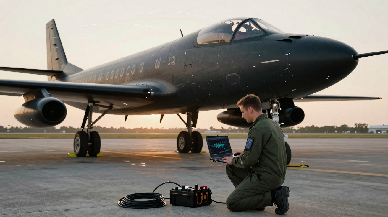 Homem em fato militar com computador portátil junto a avião militar preto numa pista ao pôr do sol.