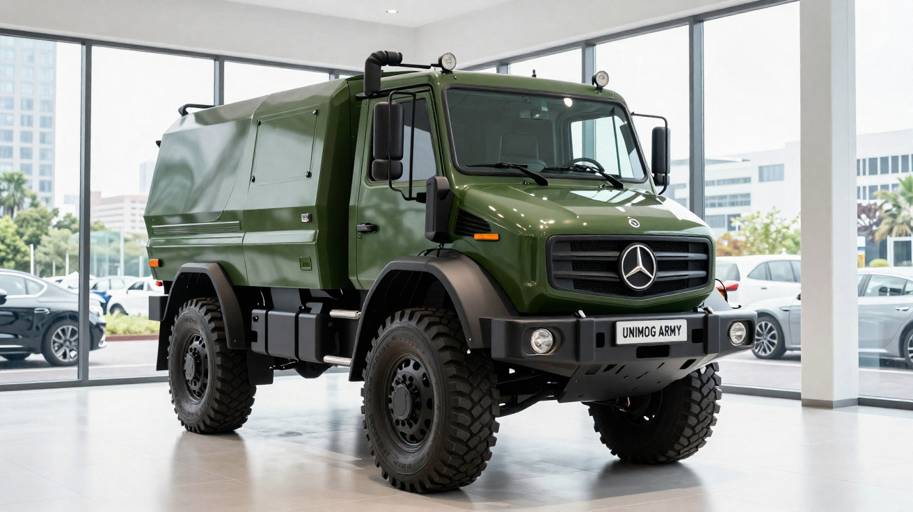 Camião militar verde Mercedes Unimog Army exposto dentro de showroom moderno com janelas grandes.