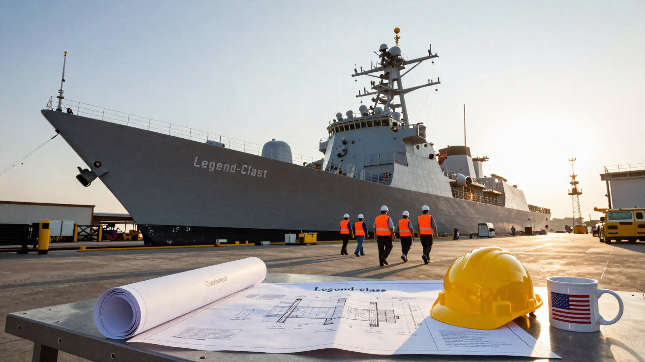Camarote com projetos e capacete junto a doca com quatro trabalhadores e grande navio militar cinzento.