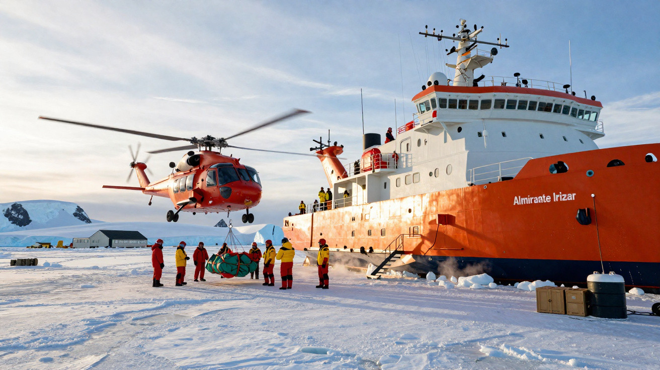 Helicóptero vermelho a transportar carga para o navio de investigação Almirante Irizar em ambiente gelado e nevado.
