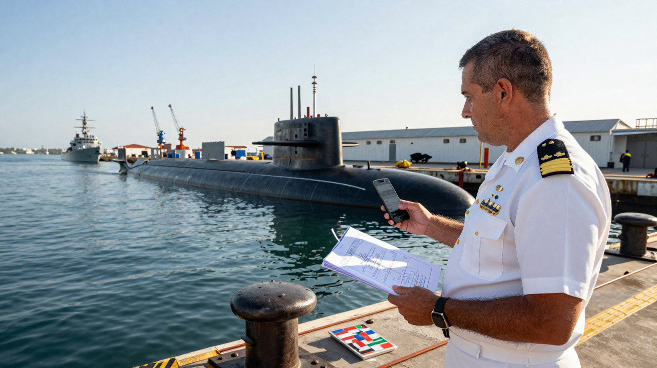 Oficial naval com uniforme branco consulta documentos e telemóvel perto de submarino atracado no porto.