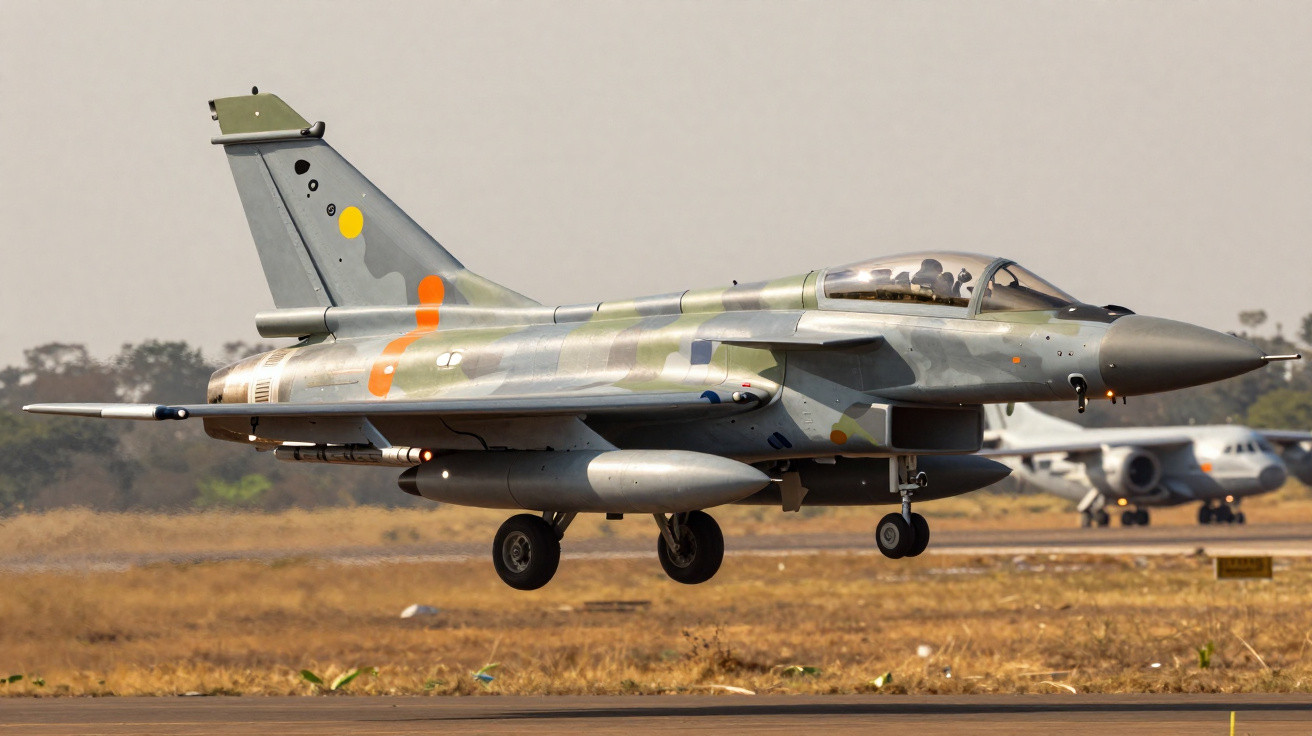 Caça militar em camuflagem a descolar numa pista com outro avião ao fundo.