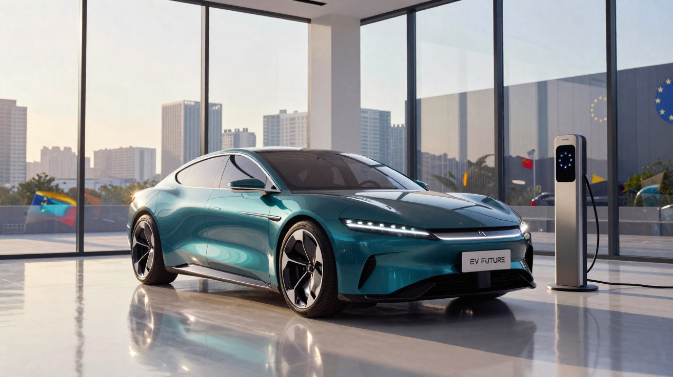 Carro elétrico futurista azul estacionado em salão com carregador e vista urbana ao fundo.