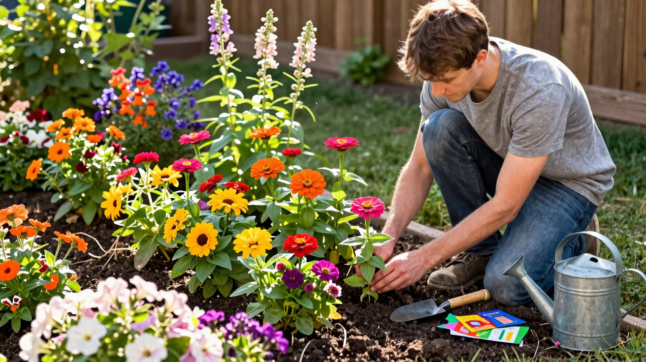 Homem ajoelhado a cuidar de flores coloridas num jardim com regador e ferramentas ao lado.