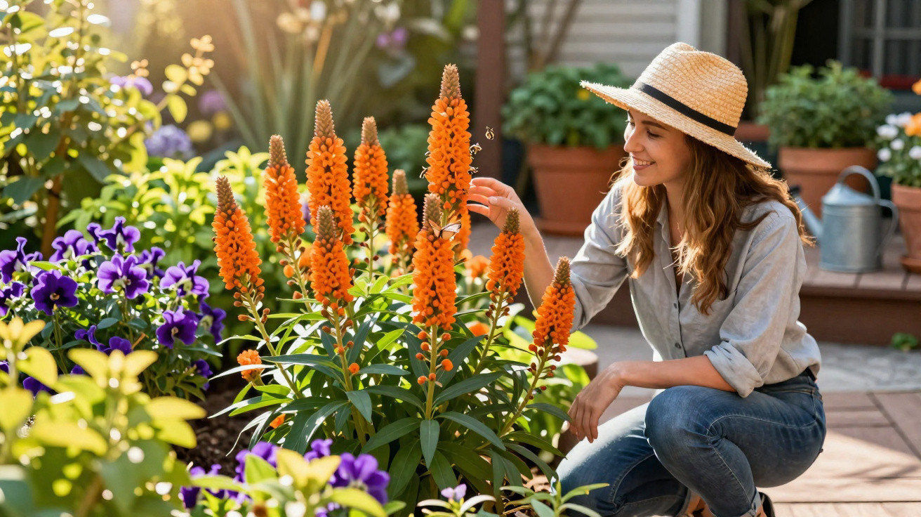 Mulher de chapéu cuida de flores laranja num jardim ensolarado.