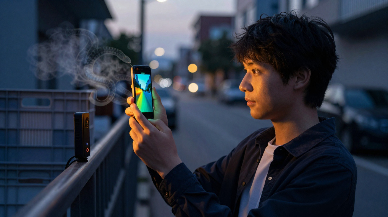 Jovem tira foto ou grava vídeo com telemóvel numa rua ao anoitecer, próximo de dispositivo com fumo.