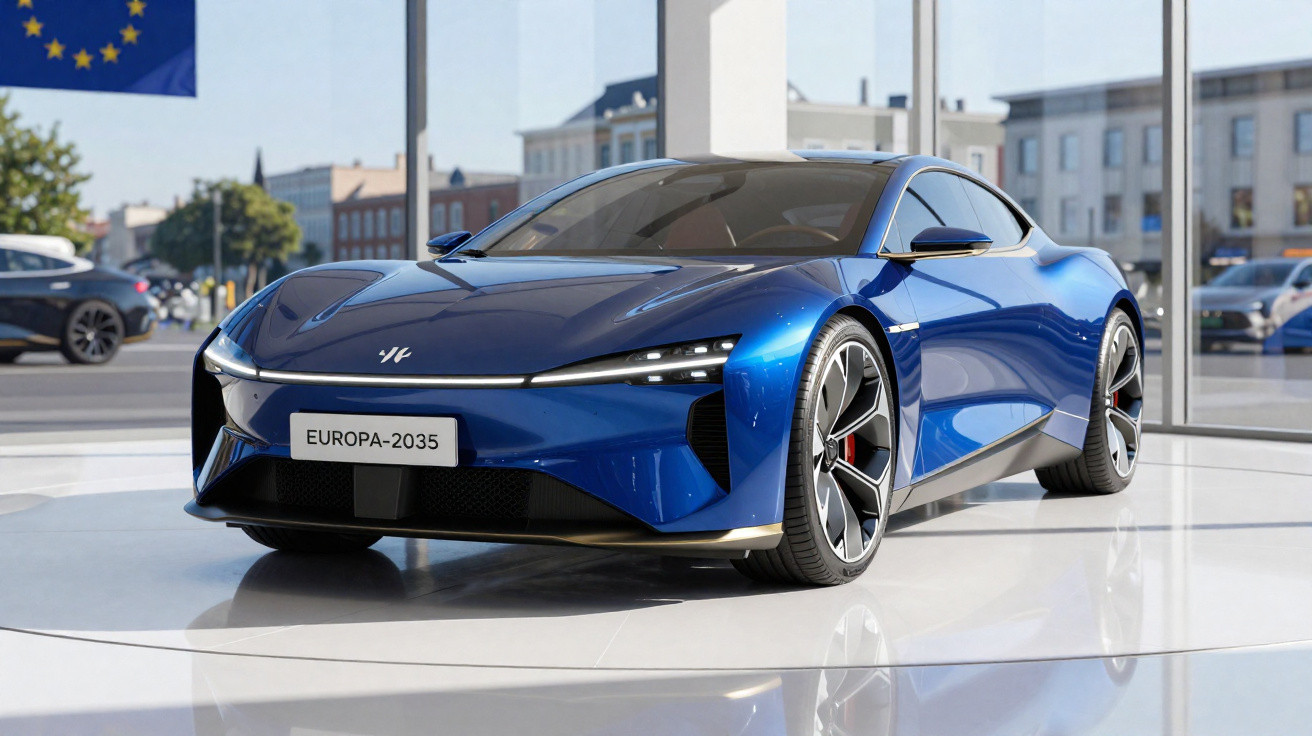 Carro desportivo elétrico azul futurista exposto numa sala com grandes janelas e placa Europa-2035.