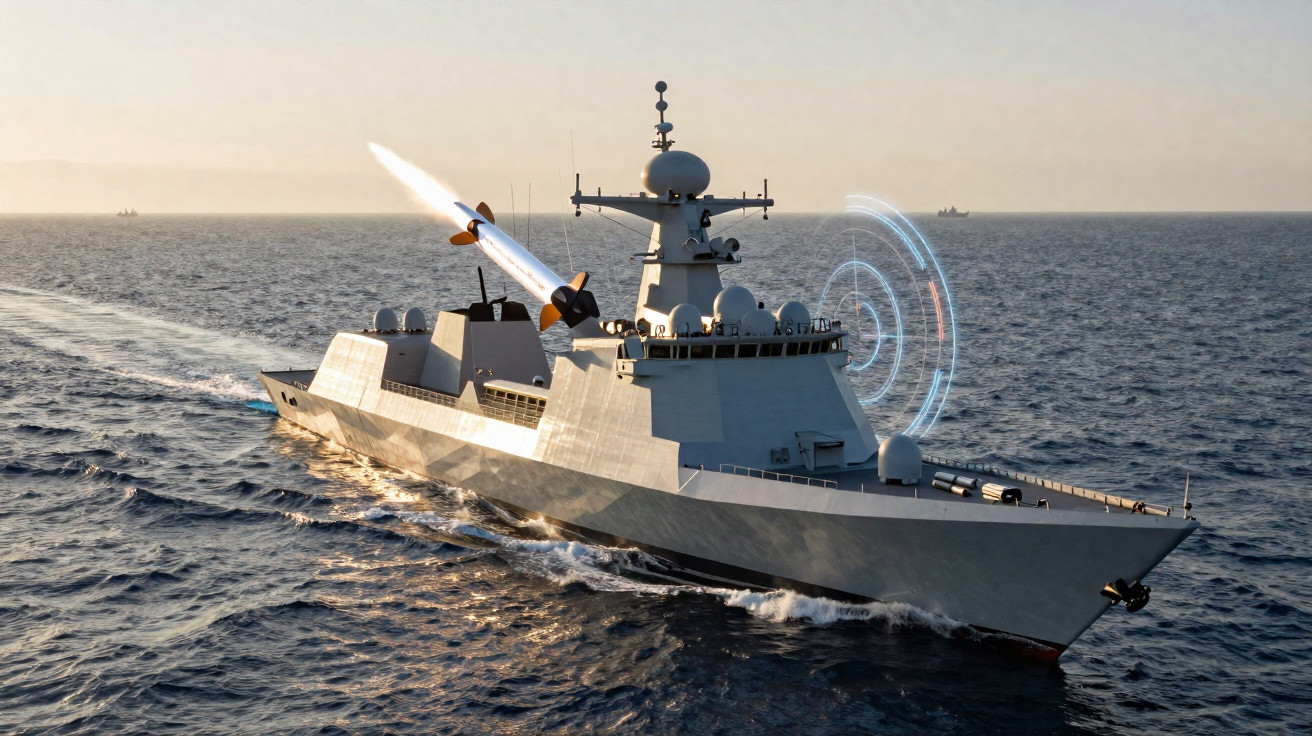 Navio de guerra em alto mar a lançar míssil durante o pôr do sol com radar ativo na proa.