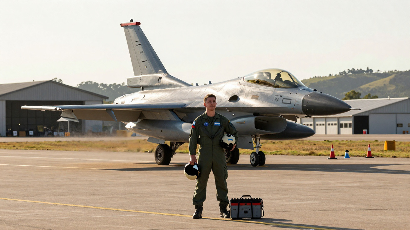 Piloto militar em fato verde junto de caça estacionado numa pista aérea ao ar livre.