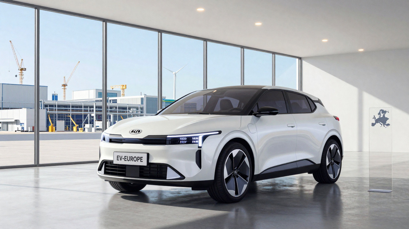 Carro elétrico branco moderno estacionado numa sala ampla com janelas panorâmicas e vista industrial.