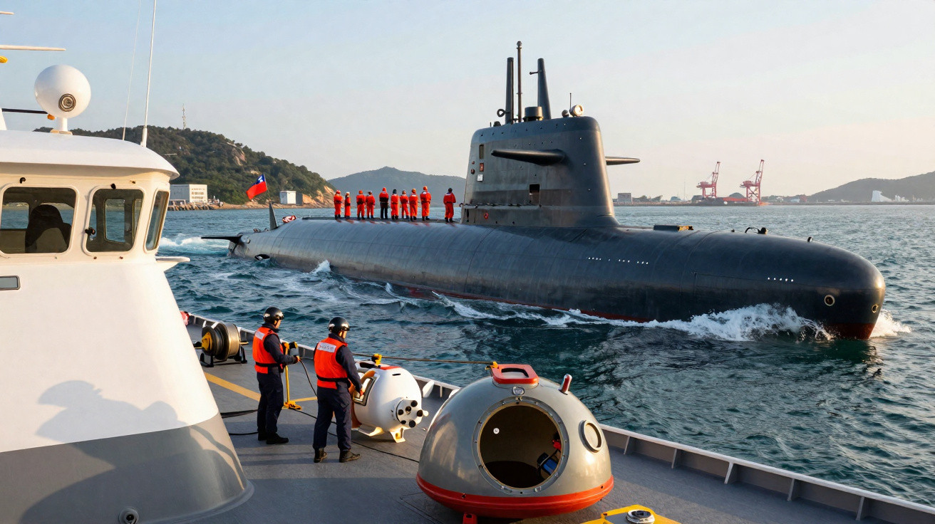 Submarino preto com tripulação de uniforme vermelho no convés e dois militares em barco próximo no mar.