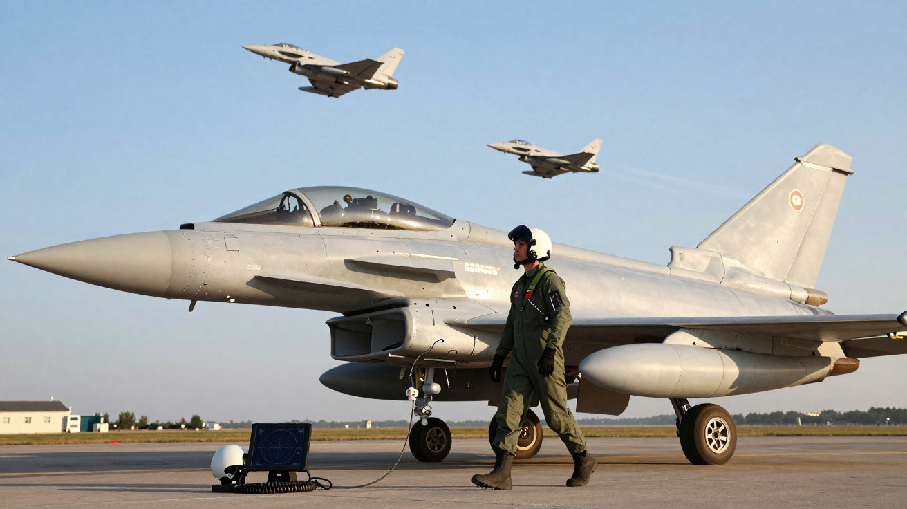 Caça militar estacionado com piloto em terra e dois aviões a voar em céu azul claro.