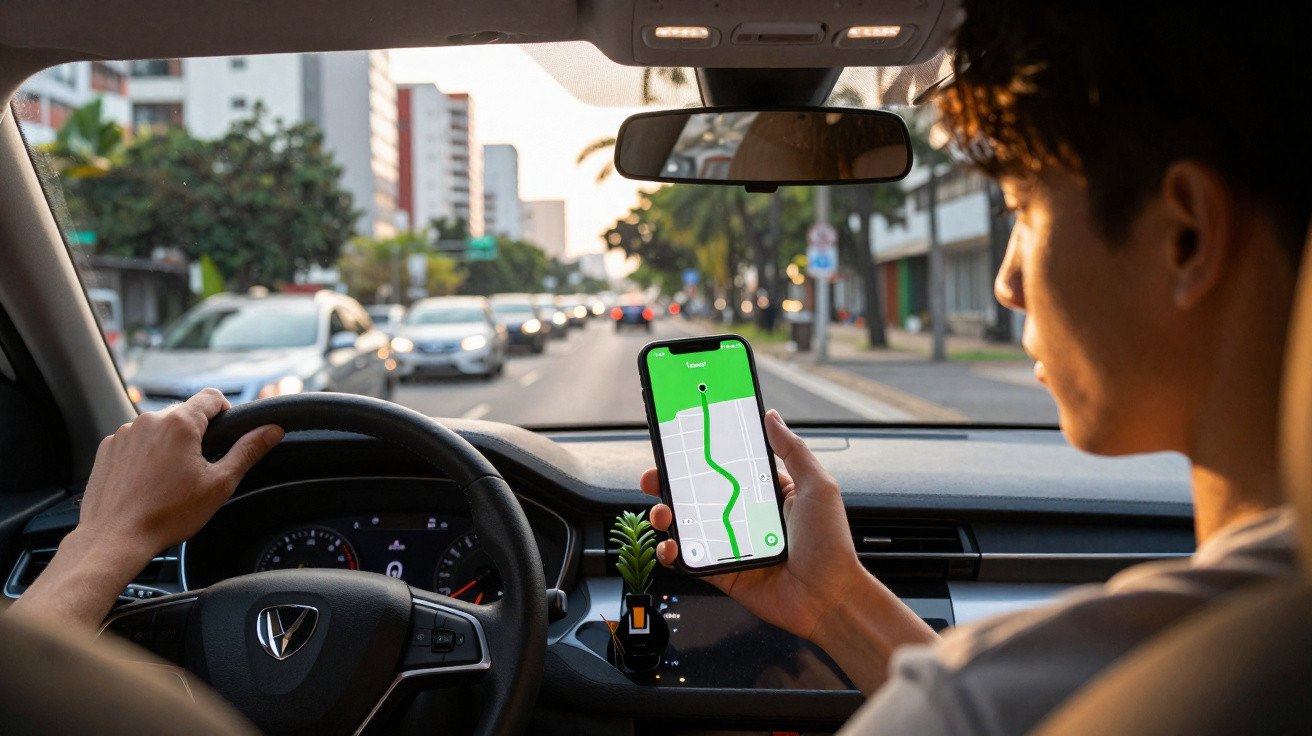 Pessoa a usar GPS no telemóvel enquanto conduz um carro numa rua com trânsito urbano.