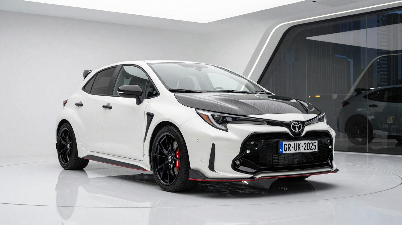 Carro desportivo hatchback branco com capô preto e rodas pretas, estacionado em espaço moderno e minimalista.