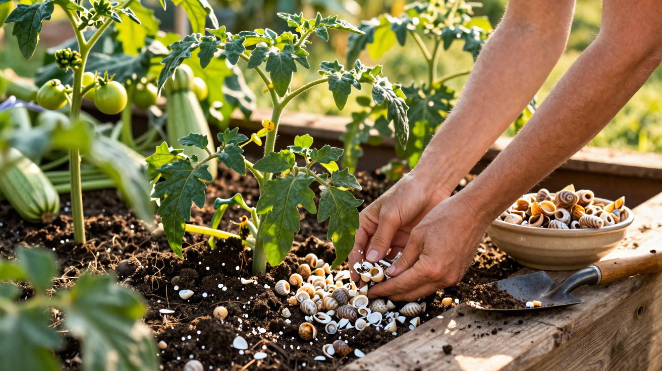 Mãos espalham caracóis numa horta com plantas de tomate e abobrinhas num canteiro de madeira.