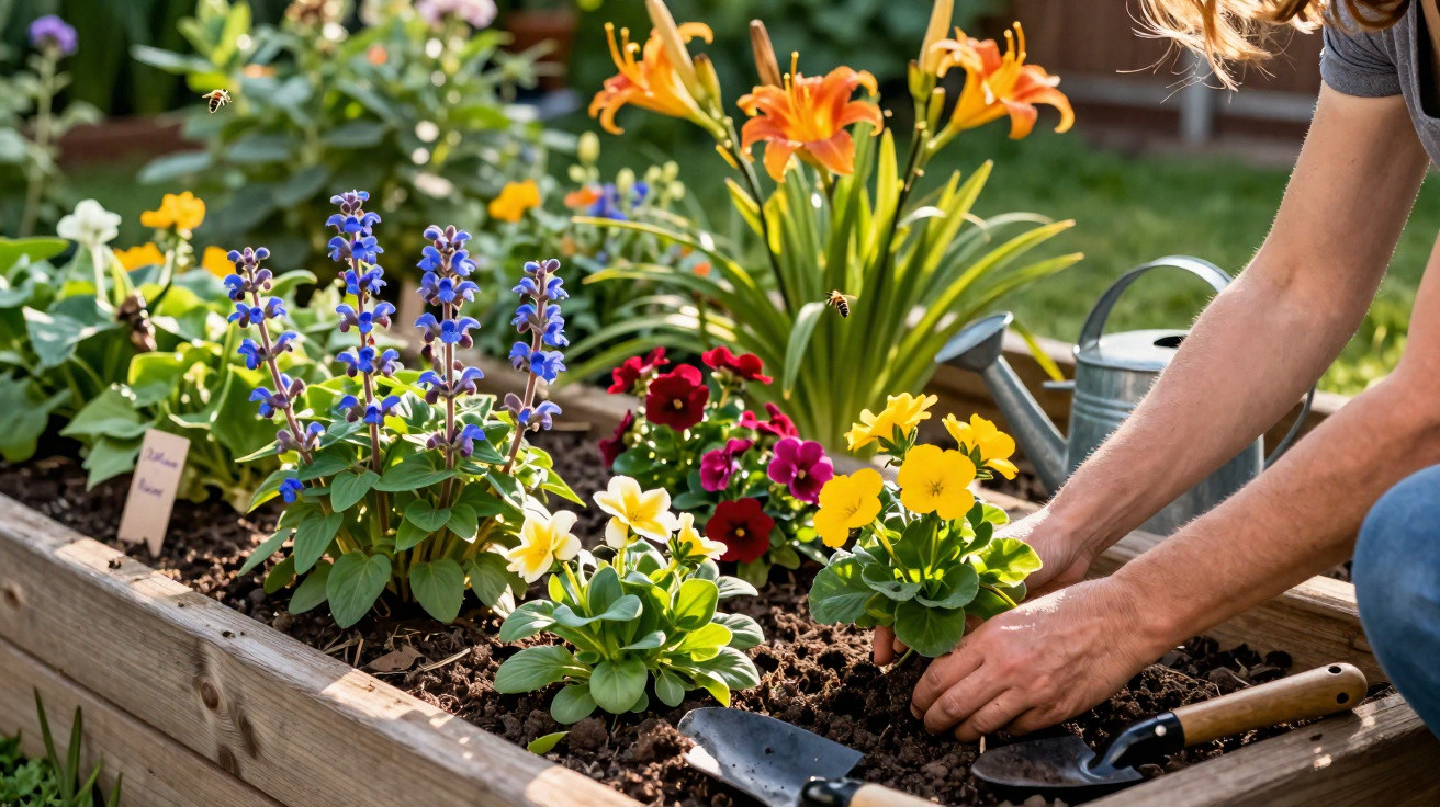 Pessoa a plantar flores coloridas numa horta elevada com ferramentas de jardinagem ao lado.