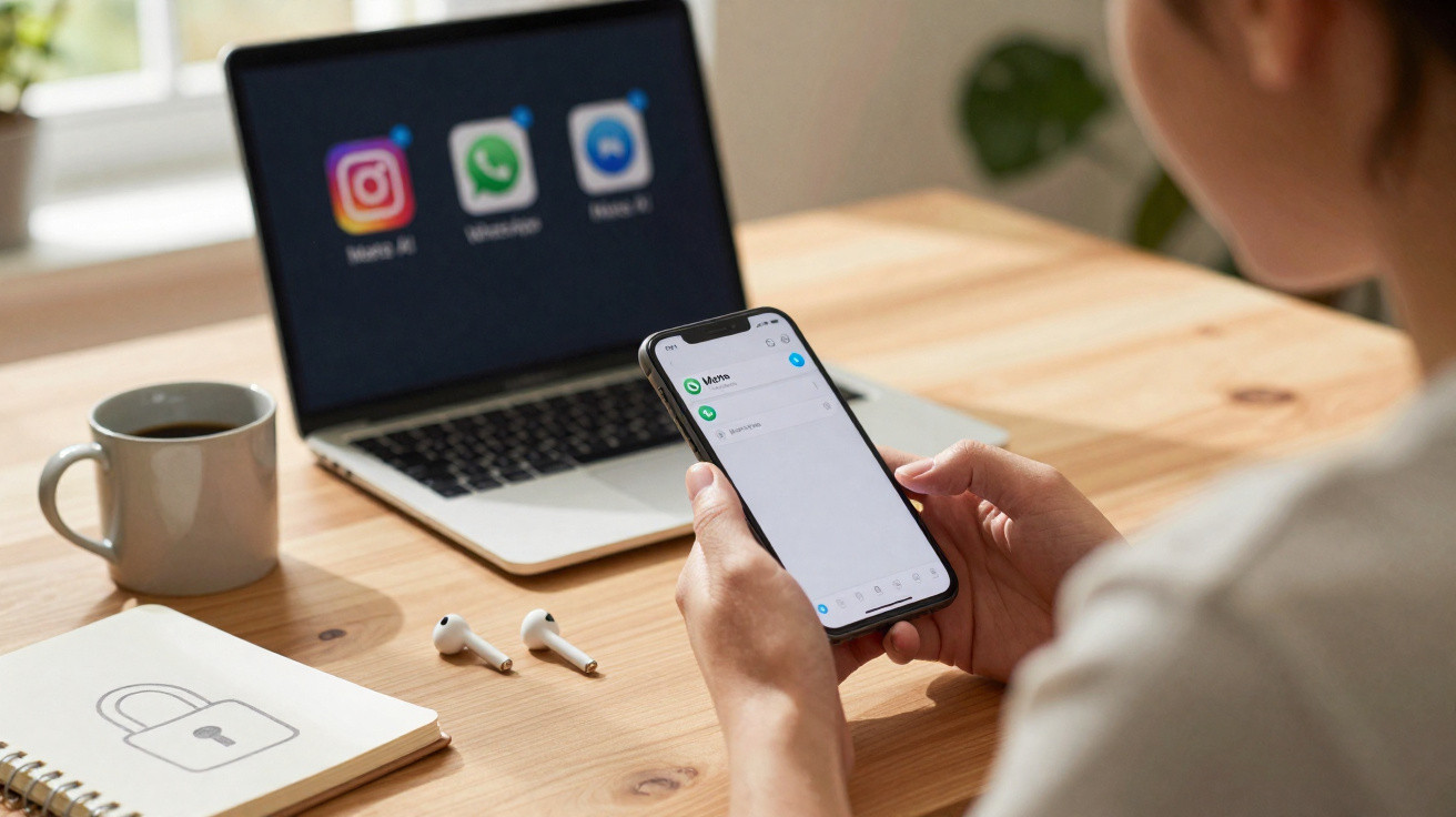 Pessoa a usar smartphone com aplicação de mensagens aberta, computador com apps sociais e auscultadores numa mesa.
