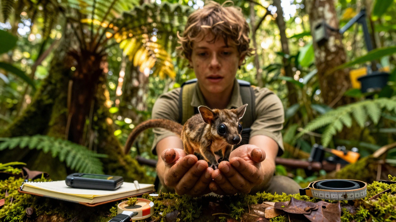 Pessoa segura um pequeno marsupial numa floresta densa, rodeada de equipamentos de estudo e medição.