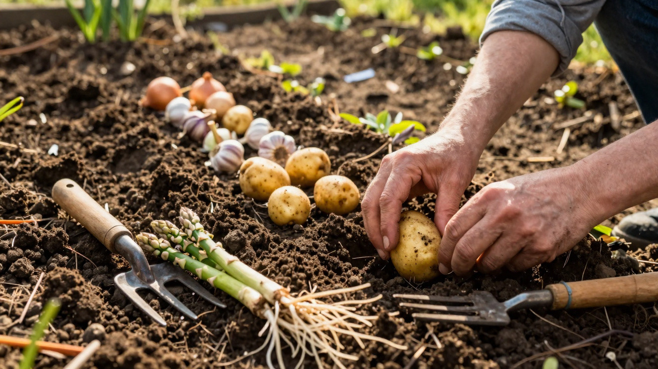 Pessoa a colher batatas no solo de uma horta com ferramentas e outros legumes à volta.