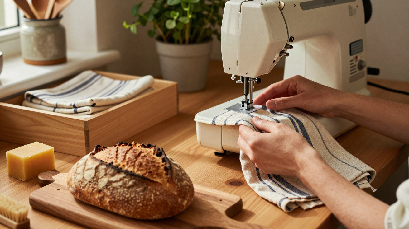 Mãos a costurar tecido azul às riscas numa máquina de costura numa mesa de madeira com pão e manteiga.