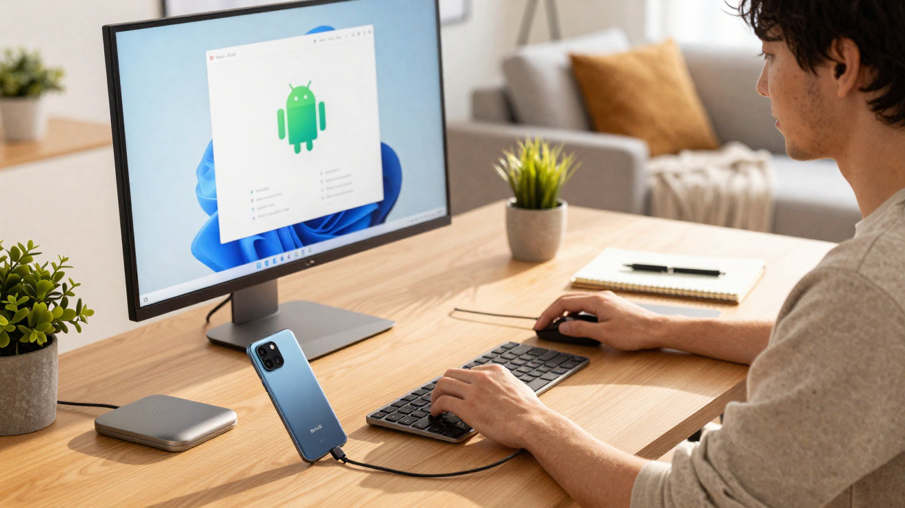 Pessoa a usar computador com smartphone ligado, mostrando ecrã com ícone do Android e ambiente de escritório.