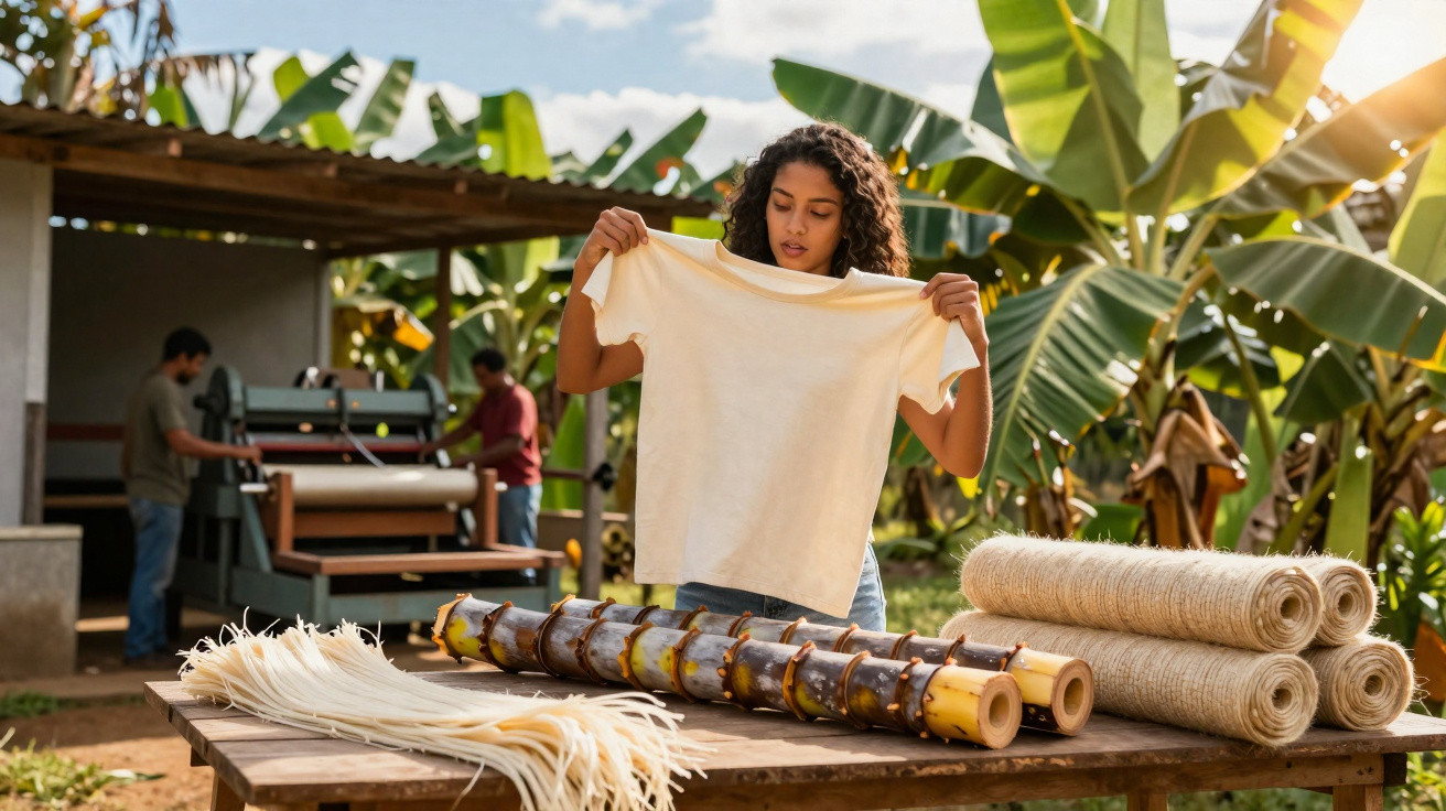 Mulher examina peça de tecido branco, com rolos de fibra natural e bambu, em ambiente exterior com bananeiras.