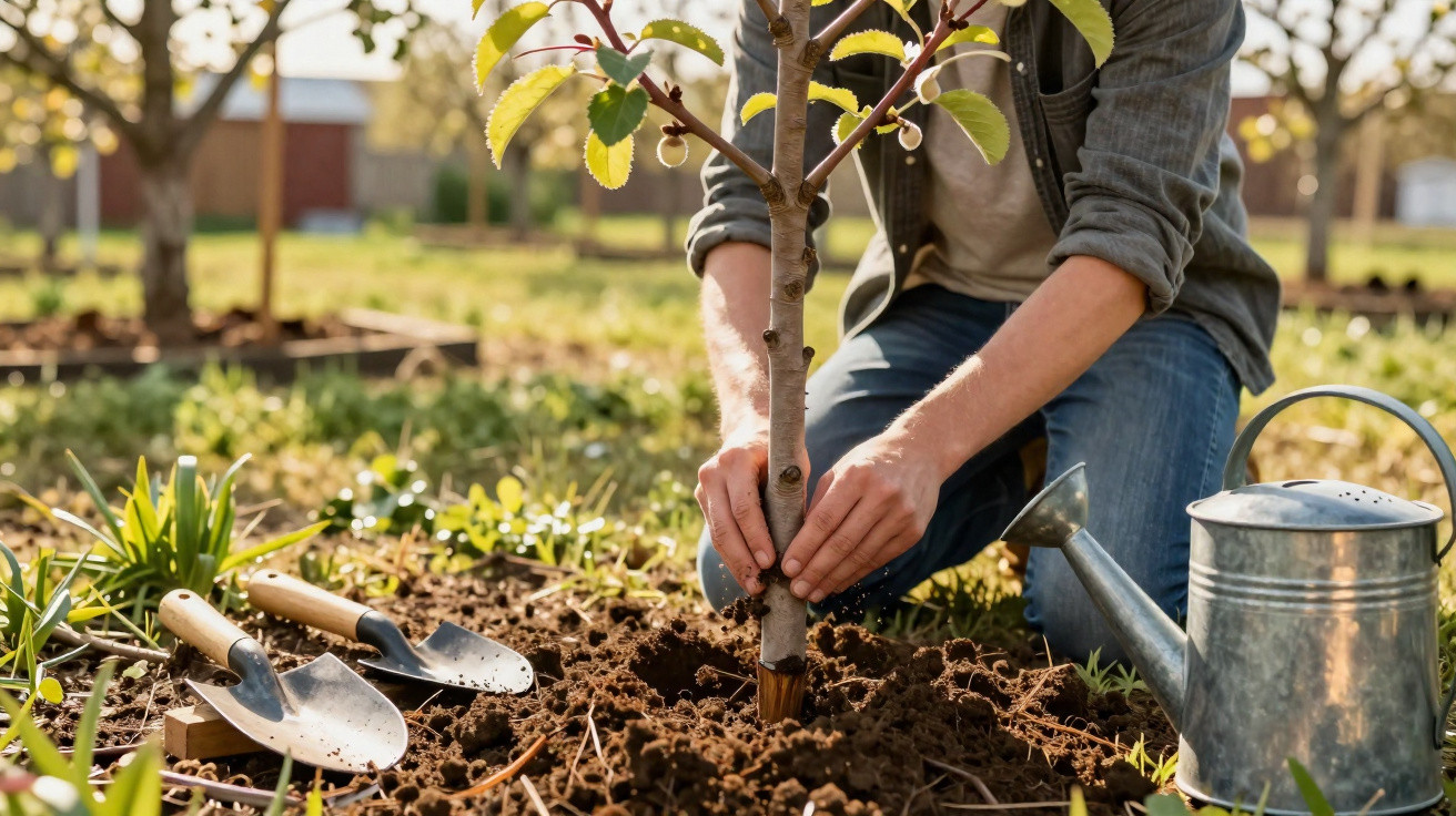 Pessoa a plantar uma árvore jovem numa horta com regador e ferramentas de jardinagem ao lado.