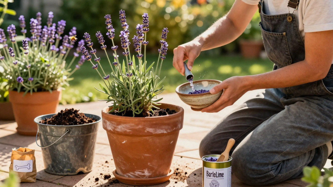 Pessoa a cuidar de planta de lavanda em vaso de barro numa varanda ensolarada durante o dia.