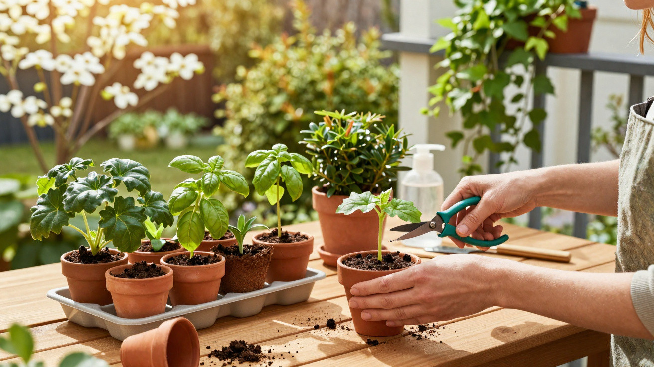 Pessoa a cuidar de plantas em vasos de barro numa mesa de madeira num jardim ensolarado.