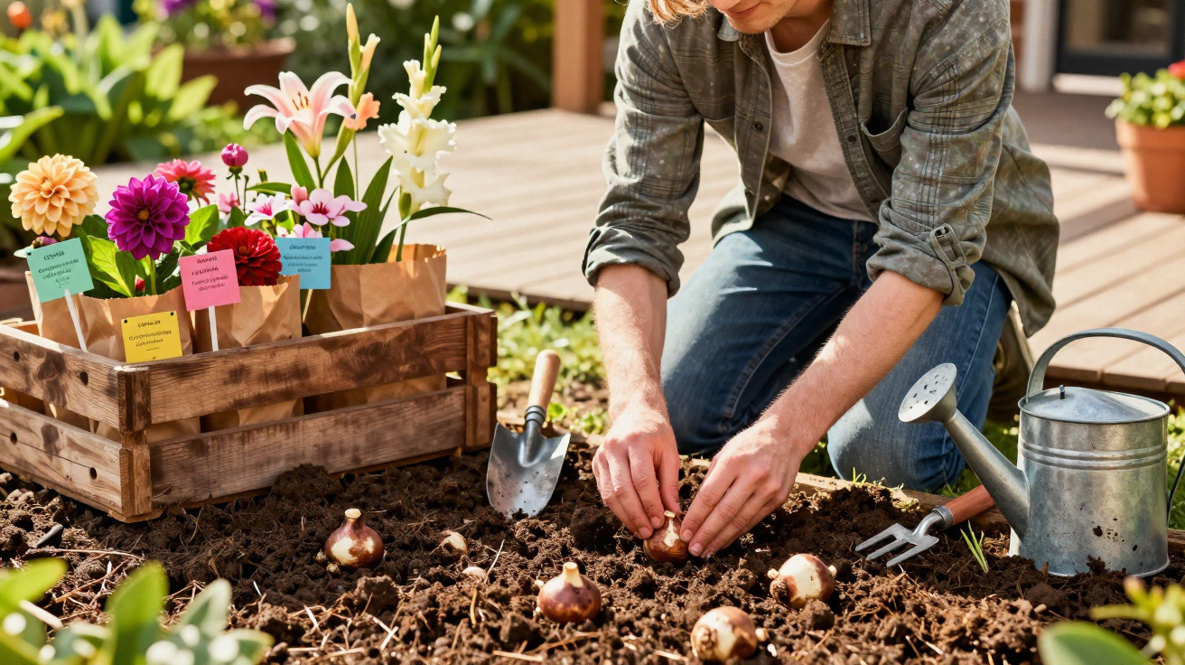 Pessoa a plantar bolbos de flores num canteiro com regador e ferramentas de jardinagem ao lado.