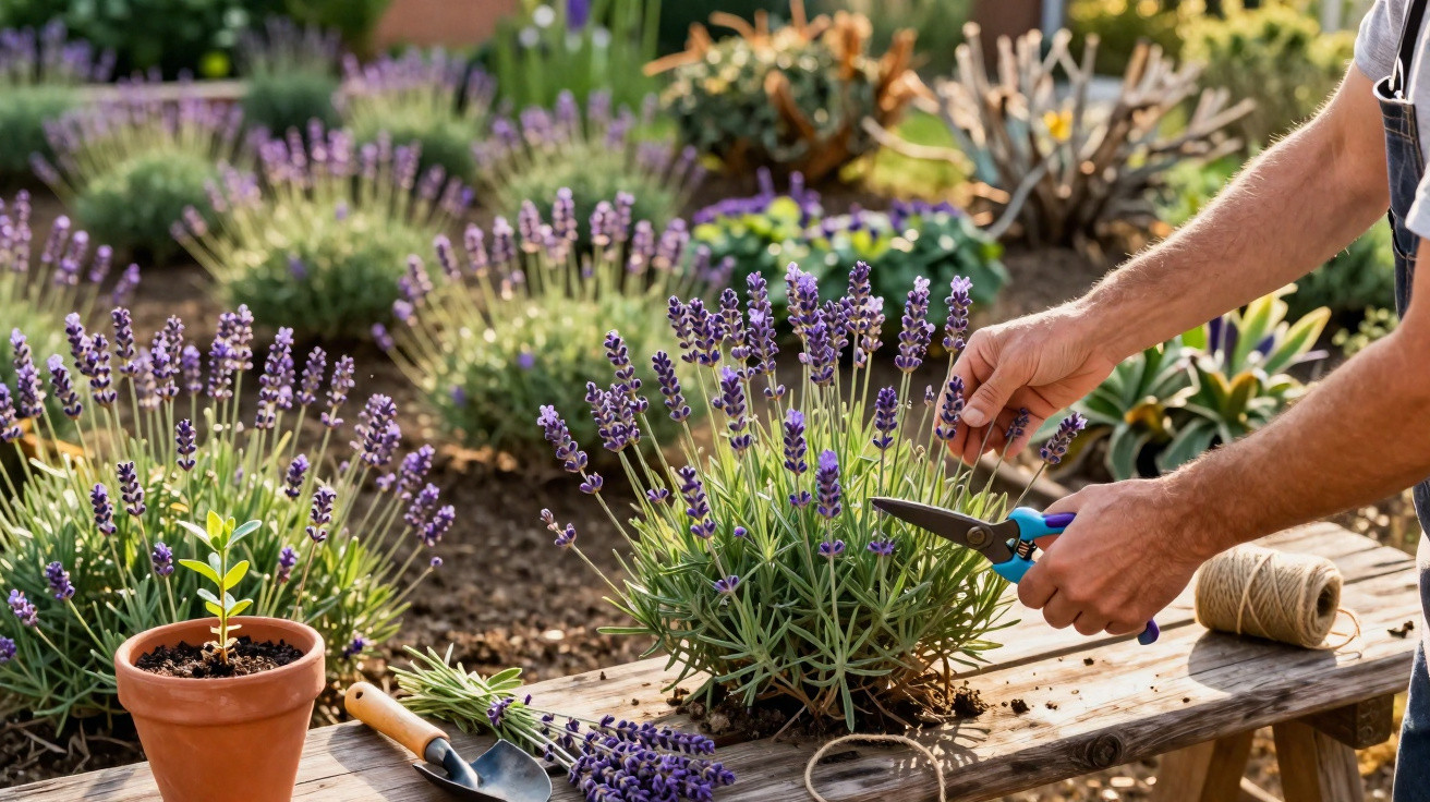 Pessoa a cortar flores de lavanda numa banca de jardim ao ar livre com ferramentas de jardinagem.